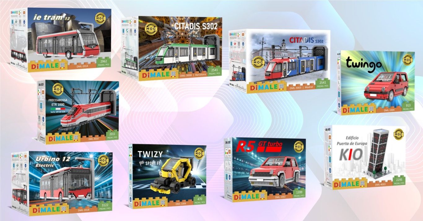 Sets en stock realizados con piezas GOBRICKS Varias maquetas de vehículos y escenas de trenes en cajas coloridas.
