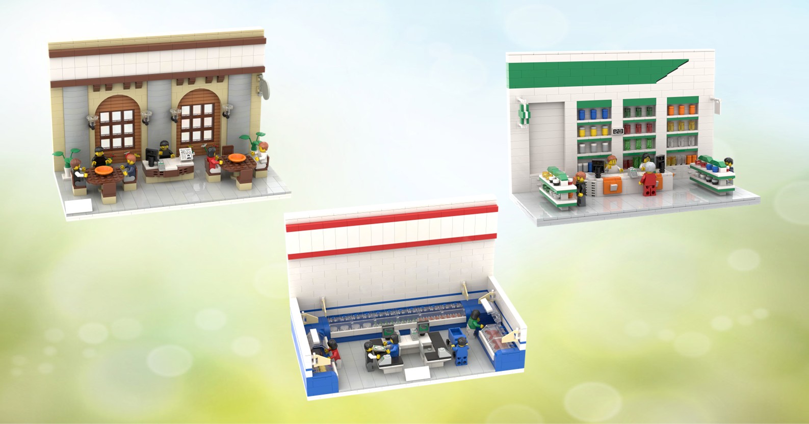 Escaparates de tiendas MOC Tres edificios con escaparates: una tienda de comestibles, una panadería y un café.