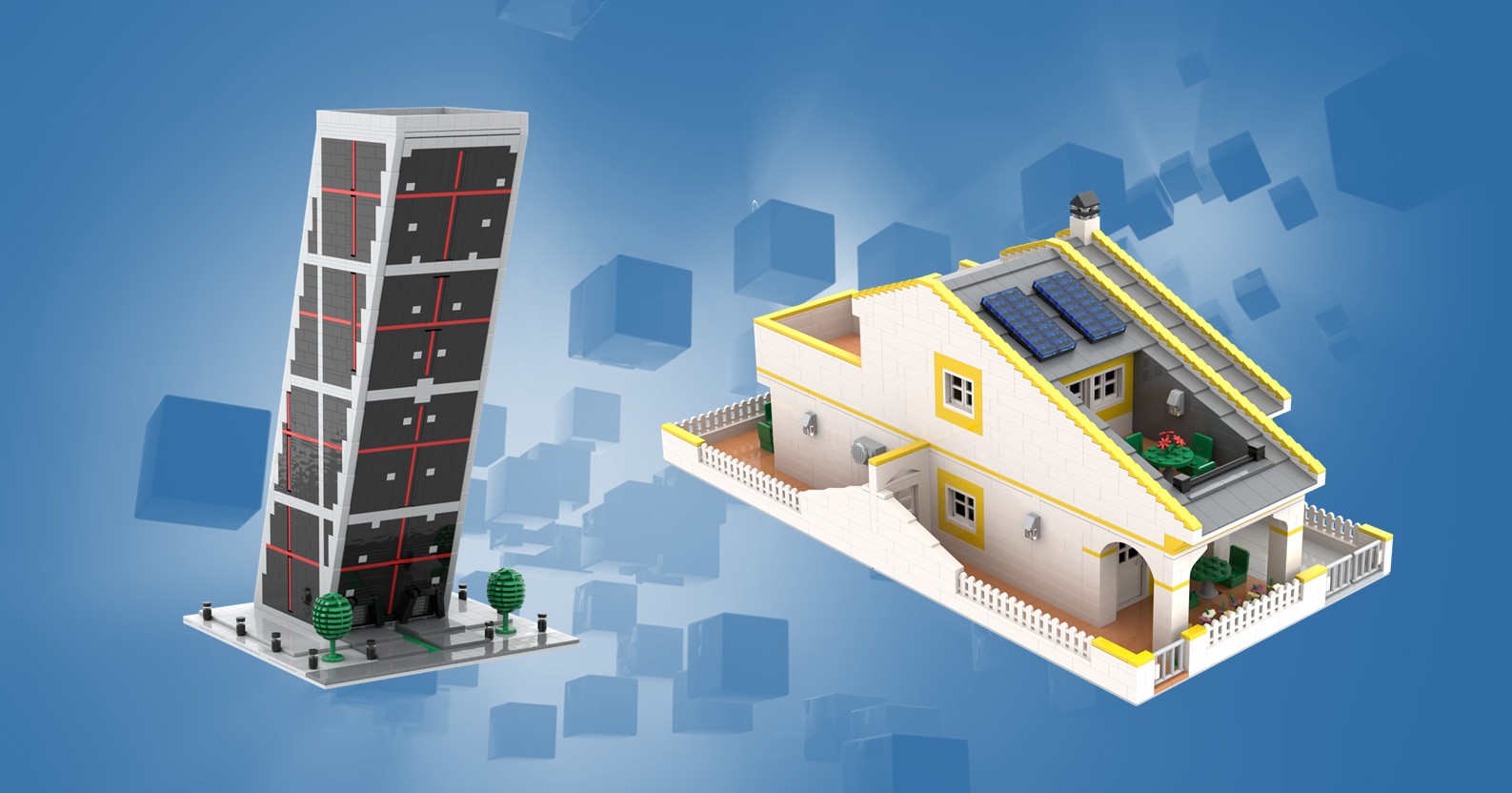 Edificios y Viviendas MOC Edificio alto moderno junto a una casa con un diseño colorido y paneles solares.