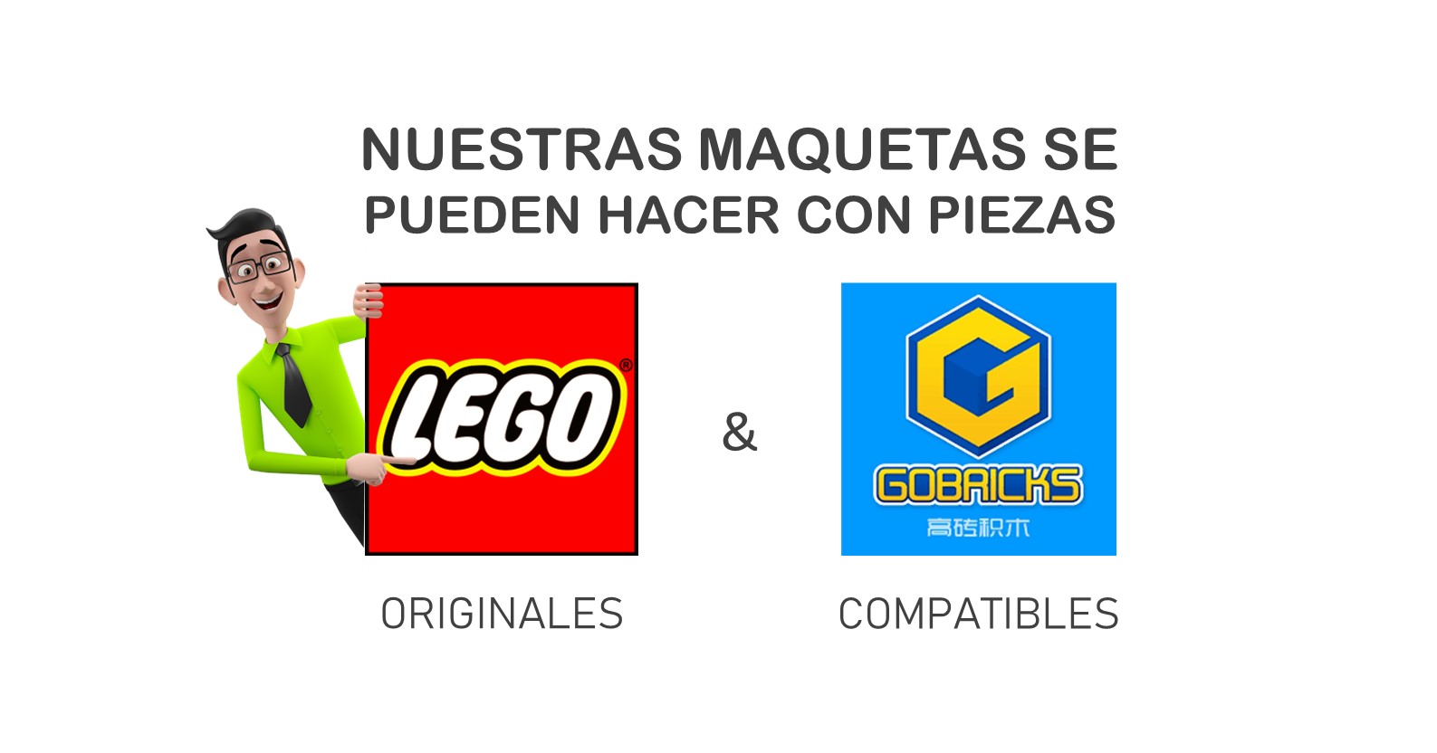 Utilizamos piezas originales y compatibles Logo de LEGO y de otra marca, con un personaje sonriente. Texto sobre maquetas.