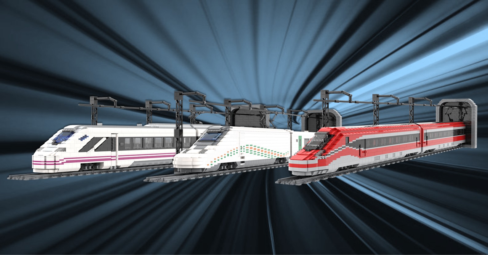 Trenes de Alta Velocidad MOC Tres trenes de alta velocidad en distintas tonalidades, en un fondo dinámico.