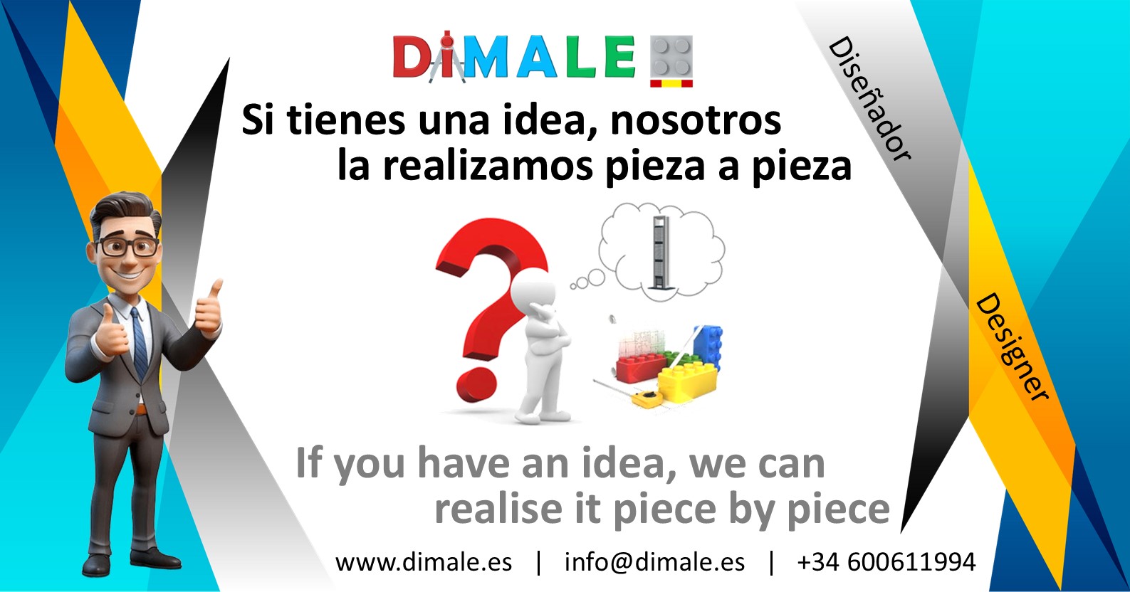 Realizamos maquetas personalizadas MOC Texto publicitario de DIMALE, ofreciendo realización de ideas paso a paso junto a un personaje animado.