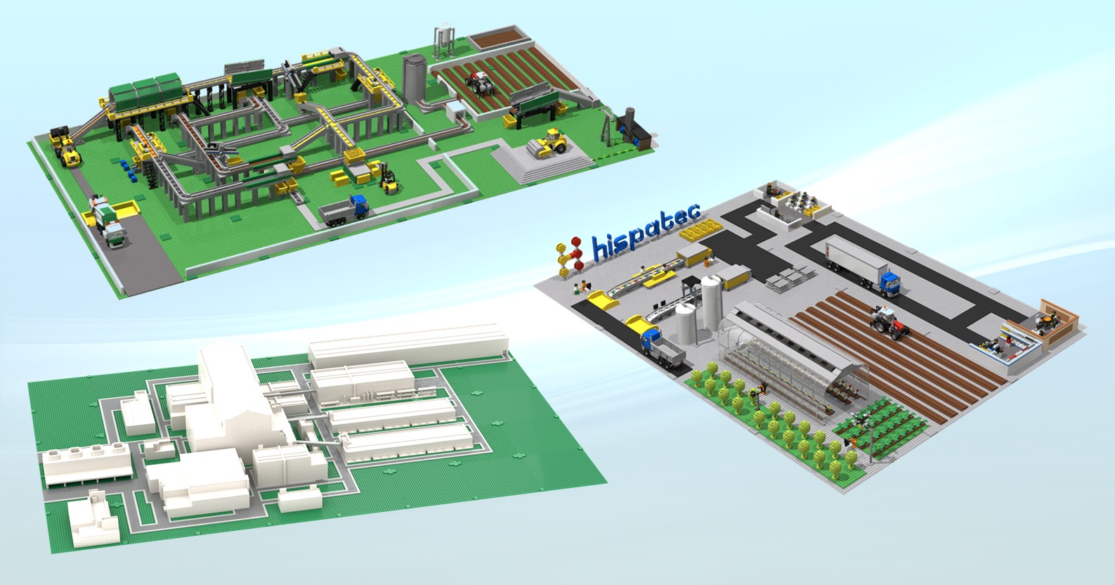 Realizamos construcciones modulares MOC Maquetas de Lego que representan un entorno urbano y rural en un diseño colorido.