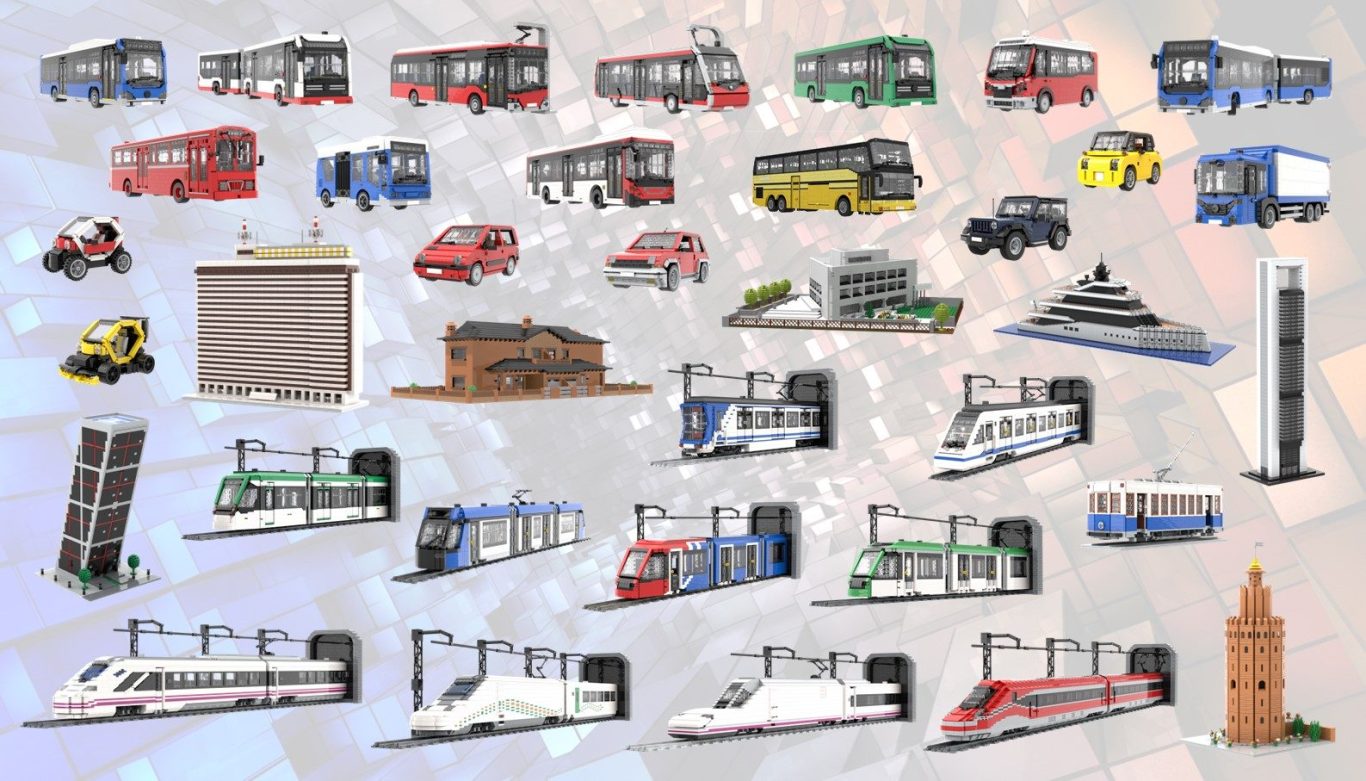 Nuestros juegos de construcción MOC lego Diversos vehículos de transporte, incluidos autobuses, trenes y barcos, sobre fondo colorido.