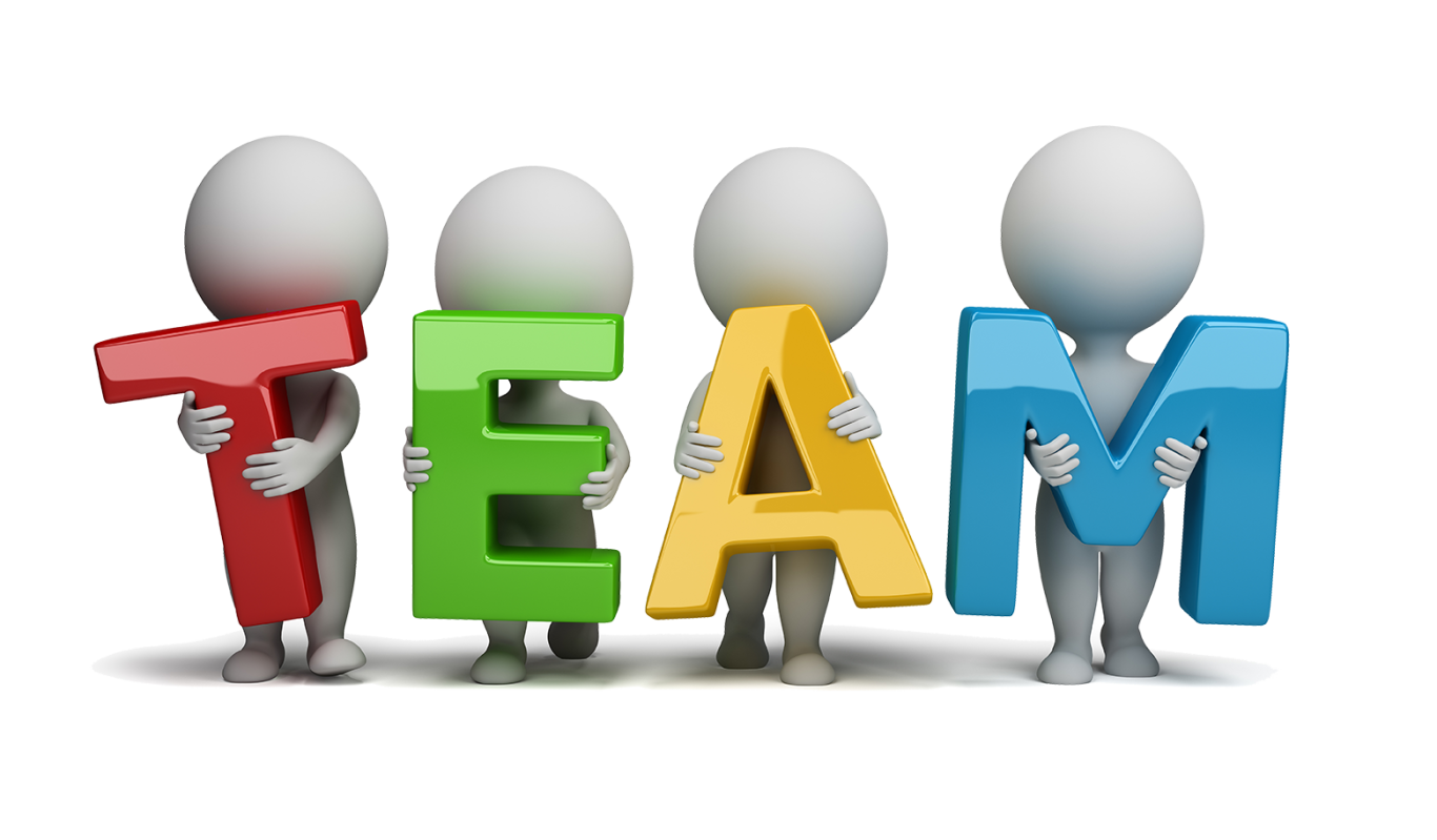 Equipo maquetas DIMALE Cuatro figuras de muñecos sosteniendo las letras que forman la palabra "TEAM".