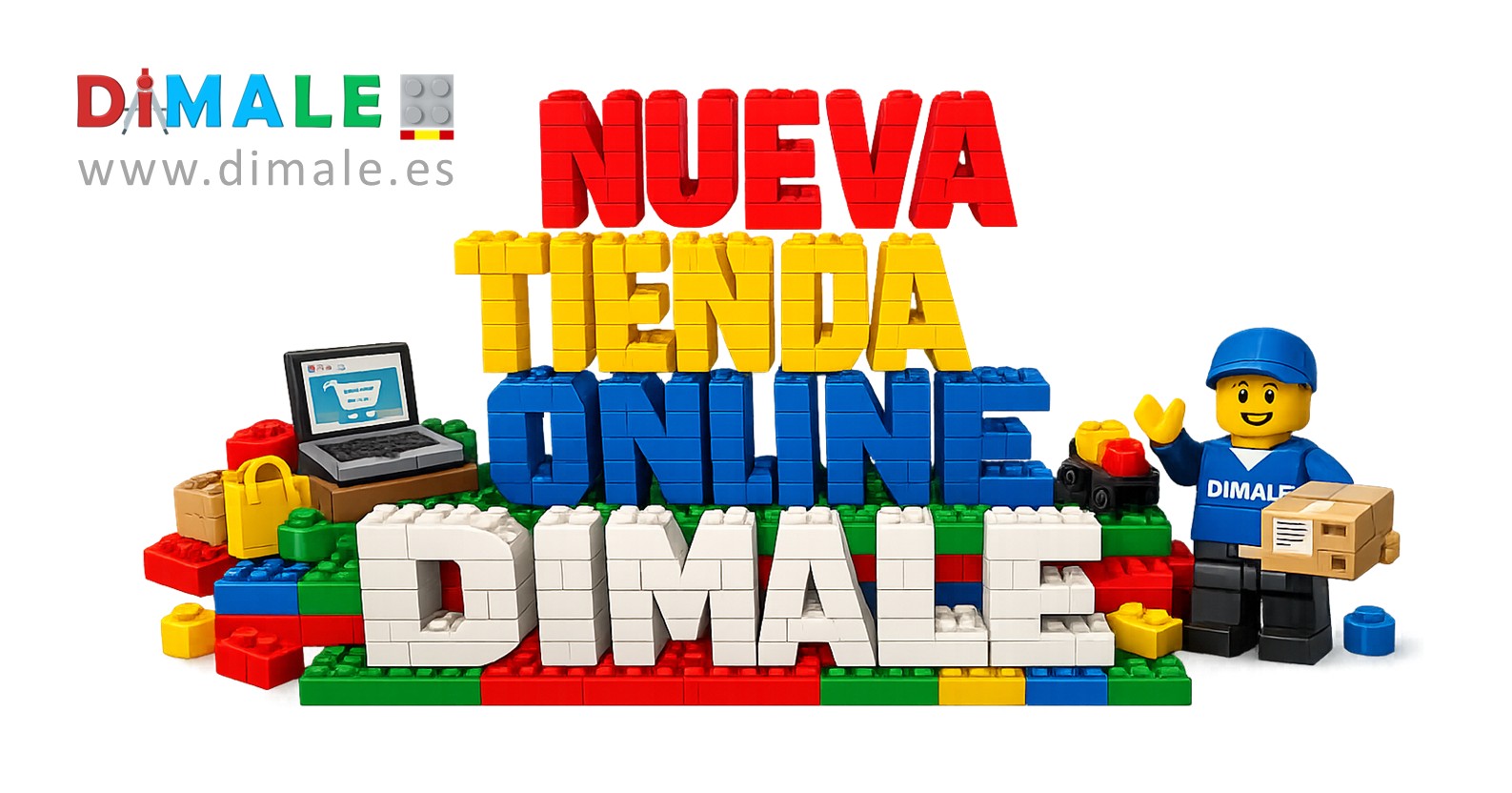 Nueva tienda online DIMALE Texto colorido que dice "Nueva tienda online Dimale" con un personaje de juguete.