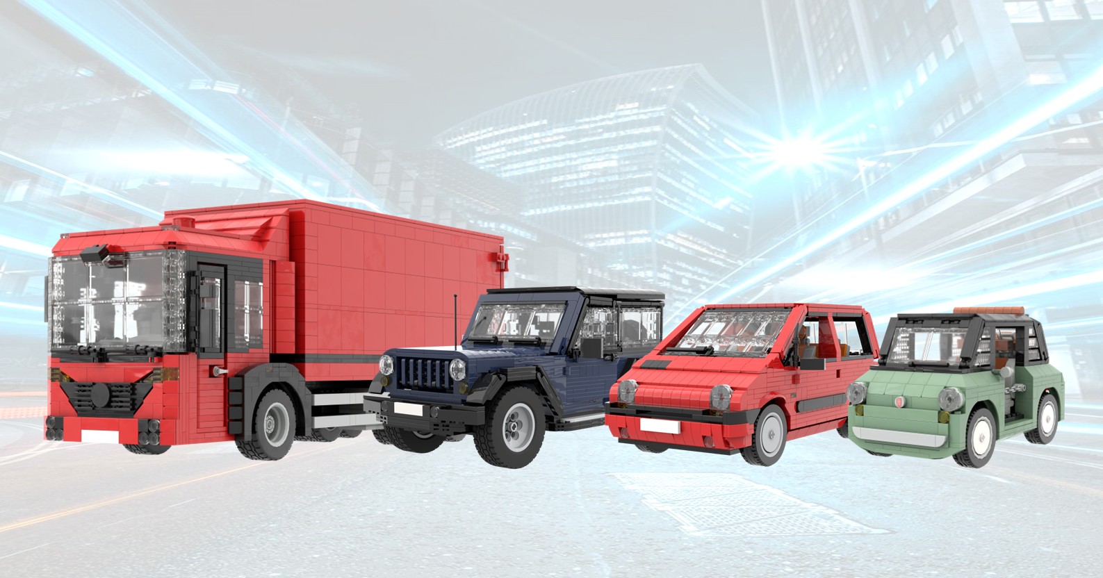 Coches y Camiones MOC Variedad de vehículos, incluyendo un camión rojo y varios coches de diferentes colores.