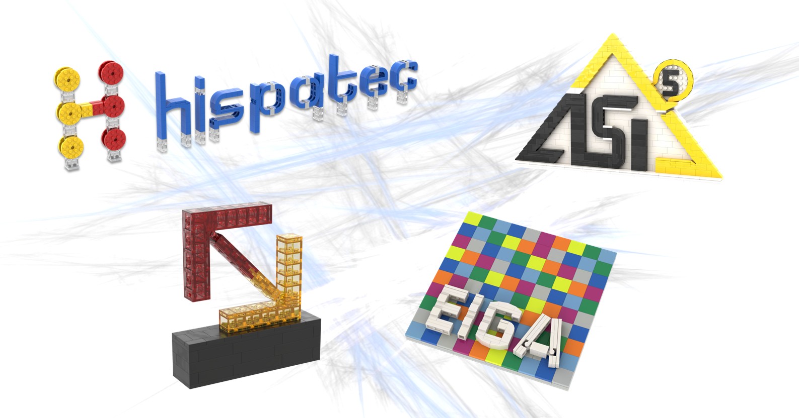 Realizamos logotipos 3D Logos de Hispattec, EIGA y ASI sobre un fondo abstracto.