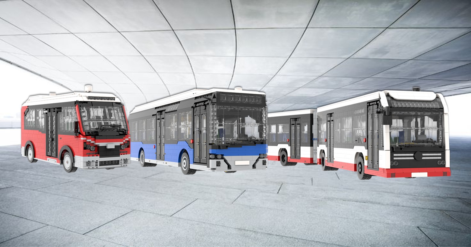 Minibuses, Autobuses Estándar y Articulados MOC Cuatro autobuses de diferentes colores (rojo, azul y blanco) en un entorno moderno.