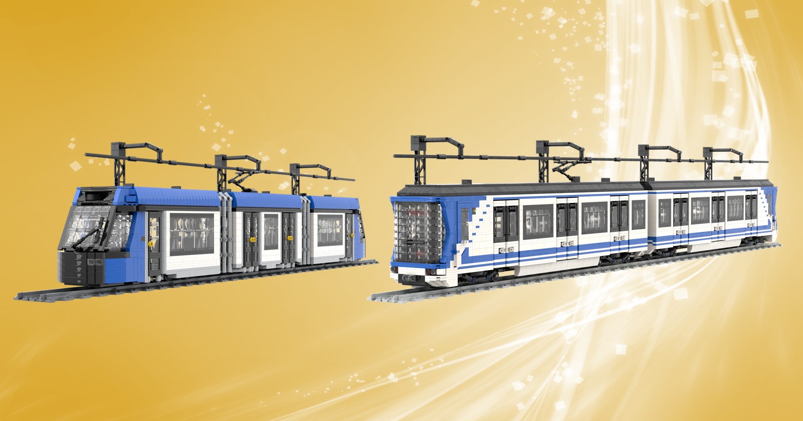 Trenes y Tranvías MOC Trenes de tranvía modernos sobre un fondo amarillo.