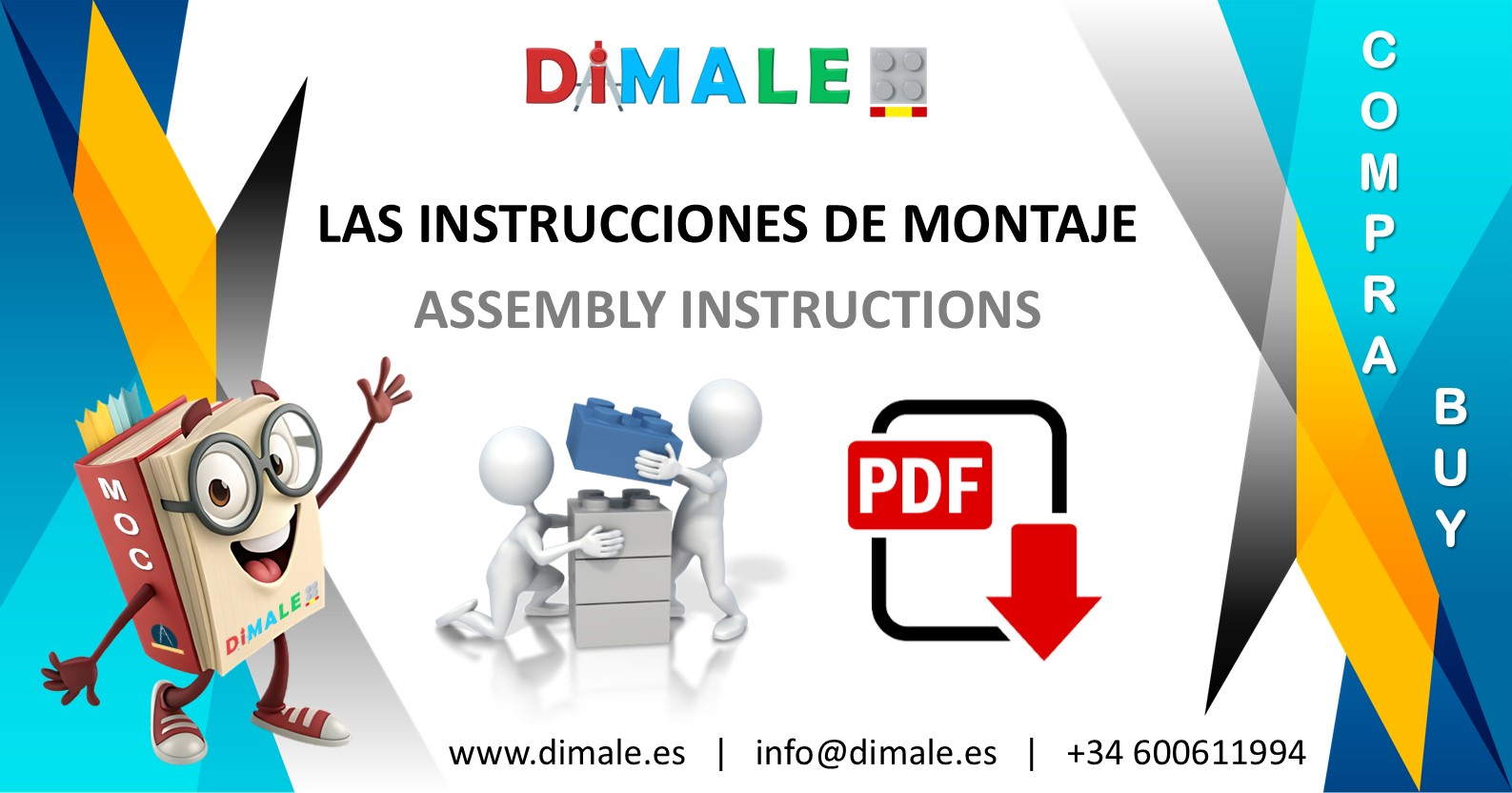 Compra individualmente las instrucciones Instrucciones de montaje de Dimale, con logo y enlace a PDF.